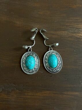 Western Style Clip-on Earring Silver Toned and Turquoise